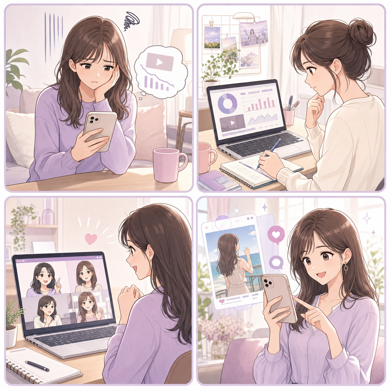 リールが伸びず悩む女性が、分析と相談を通じて投稿改善へ進む4コマイラスト