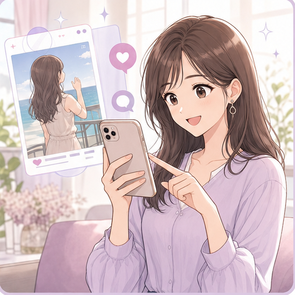 改善した投稿をスマホで確認する女性
