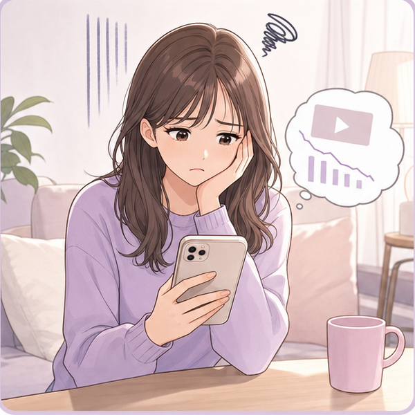 リールが伸びずスマホを見て悩む女性